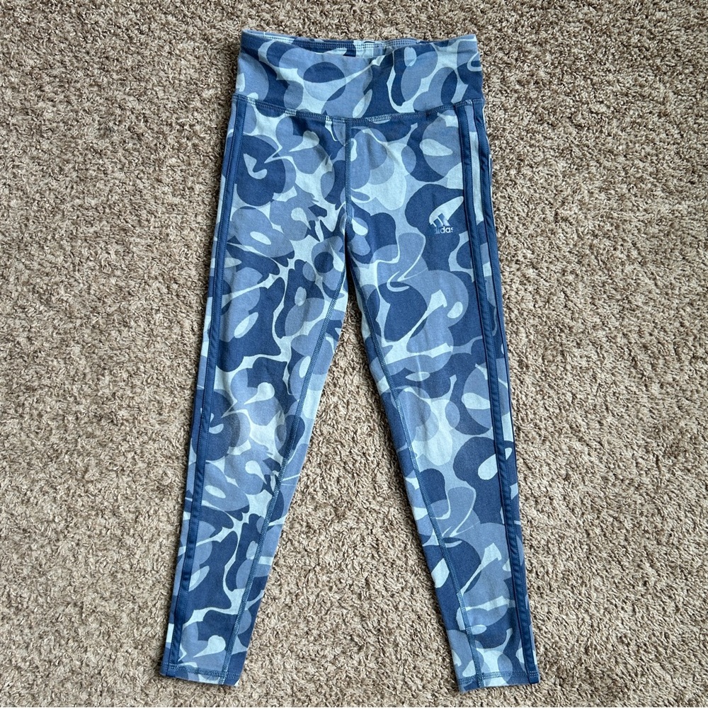 Adidas Kids Camo 3 Stripe Athletic Leggings‎ Cropped Blue Size M 10 12